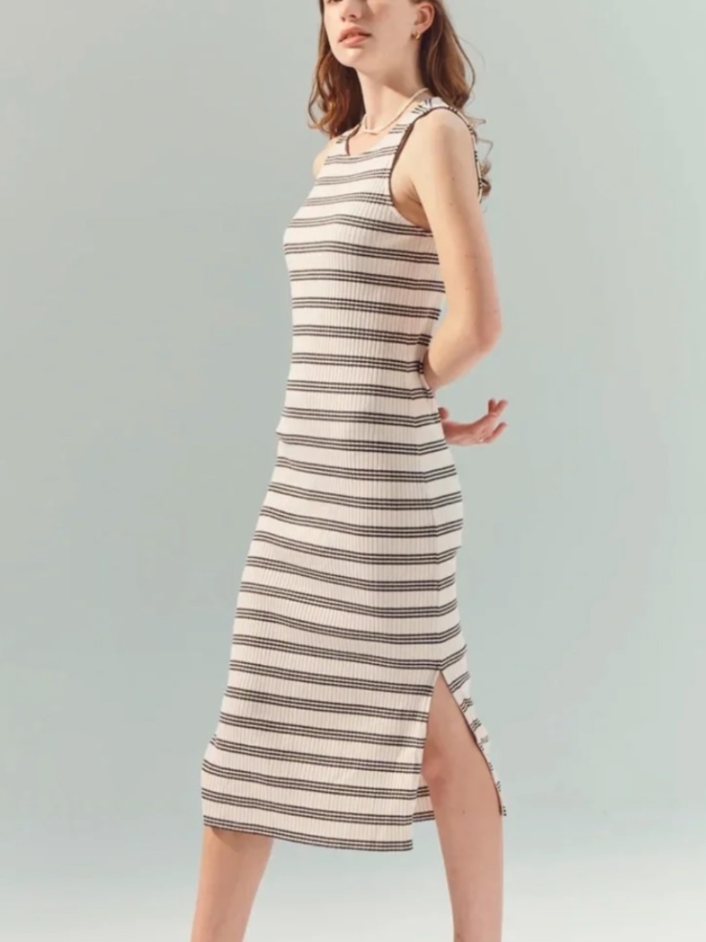 NWT For Days Re-New Ribbed Racer Dress in Natural / Charcoal Stripe